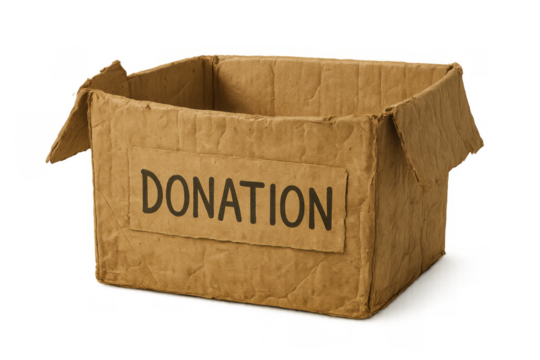 Empty donation box made of cardboard with donation text for charity and humanitarian aid on transparent background