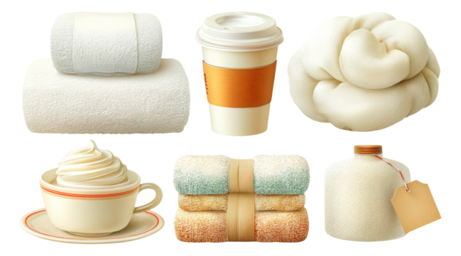 Soft Towels and Coffee Cup Collection with Elegant Textures and Shapes