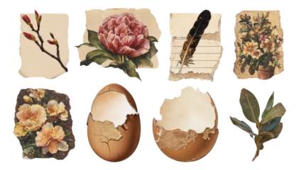 Vintage Aesthetic Collage with Floral and Nature Elements Isolated on Transparent Background