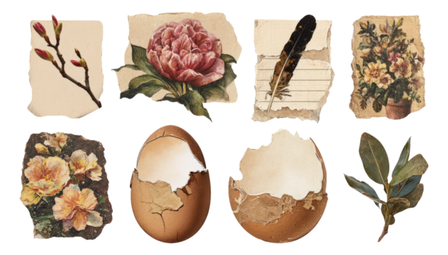 Vintage Aesthetic Collage with Floral and Nature Elements Isolated on Transparent Background