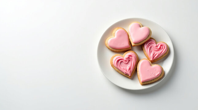 Overhead view of heartshaped cookies with pink icing on a white plate, isolated on white background, symbolizing love, sweetness, and festive baking for valentines day