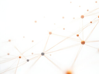 Photorealistic white backdrop with abstract digital network featuring luminous orange dots connected by delicate geometric plexus lines creating intricate mesh patterns