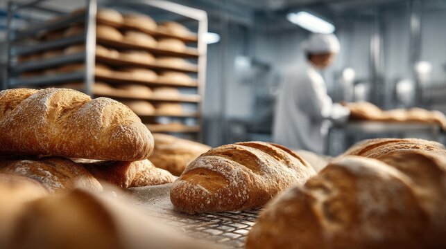 Delicious Loaves of Freshly Baked Bread Cooling on Racks in a Commercial Bakery