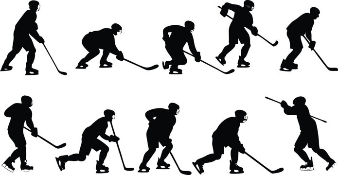 Dynamic hockey player silhouettes capture intense action and athletic prowess for sports branding and design projects