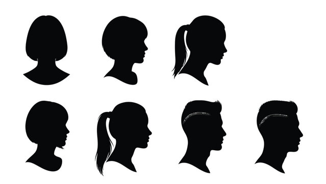 Human Head Silhouettes Set - Male and Female Profiles with Diverse Hairstyles