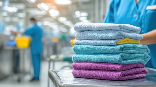 Stack of neatly folded colorful towels in professional laundry service facility.