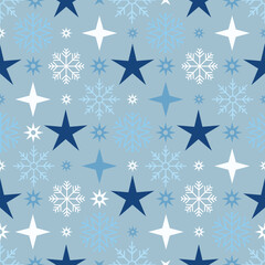 Seamless geometric vector pattern featuring repeating snowflakes and stars in flat minimal style with blue and white tones, perfect for winter decor and wrapping paper.