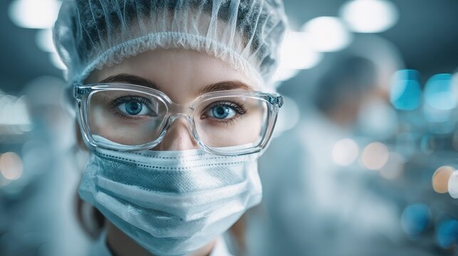 Young female professional calibrating an AI system in a cleanroom environment.