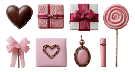 Set of Isolated Pink and Brown Candy-themed Objects with Various Shapes and Designs