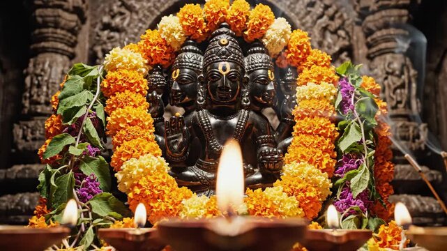 Elegant Dattatreya Jayanti Celebration Ornate Statue Adorned with Garland and Lit Diyas, Incense Sticks in a Temple Setting
