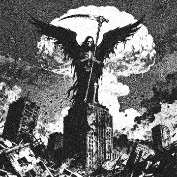 Black and white illustration of a grim reaper skull standing in the middle of a ruined city with a massive nuclear explosion in the background. The artwork features heavy noise texture and gritty deta