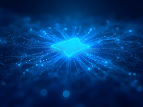 Quantum qubit array visualization with superposition blue wave clouds surrounding circuit nodes