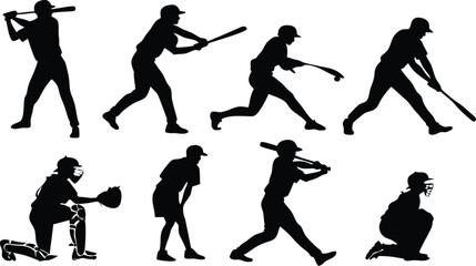 Dynamic silhouettes capture the thrilling action of baseball players in various game-winning poses, perfect for sports branding