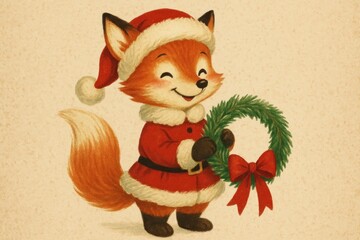 Naklejka premium Festive fox with holiday wreath background