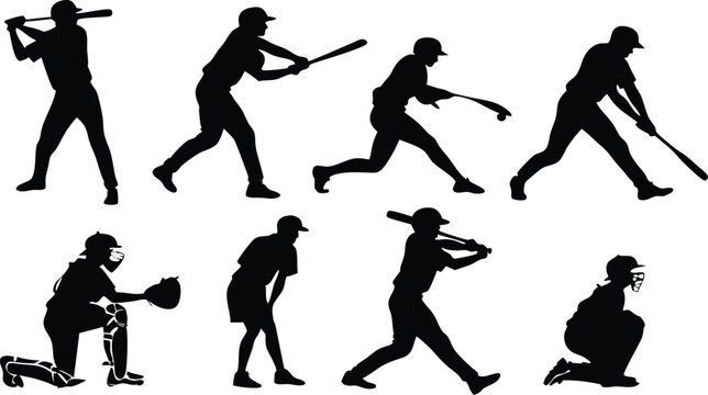 Dynamic silhouettes capture the thrilling action of baseball players in various game-winning poses, perfect for sports branding