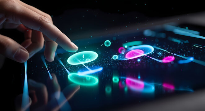 A human finger delicately touches a futuristic digital screen, illuminating vibrant neon light patterns and showcasing advanced interactive technology.