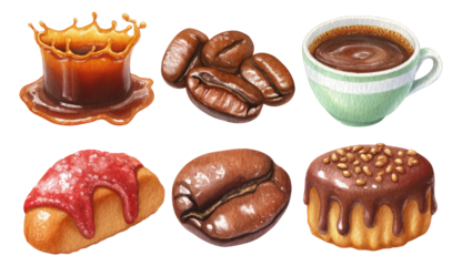 Delicious Collection of Isolated Coffee and Pastry Illustrations on Transparent Background