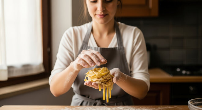 Woman holding fresh homemade pasta with flour on hands in a kitchen with wooden countertop. Home Italian food