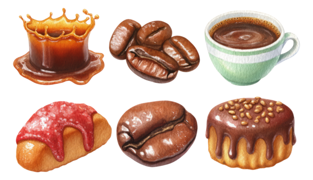 Delicious Collection of Isolated Coffee and Pastry Illustrations on Transparent Background