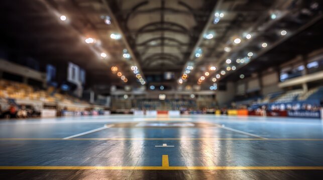 Indoor sports arena is prepared for an exciting match with bright lights and a polished wooden floor reflecting the atmosphere of competition