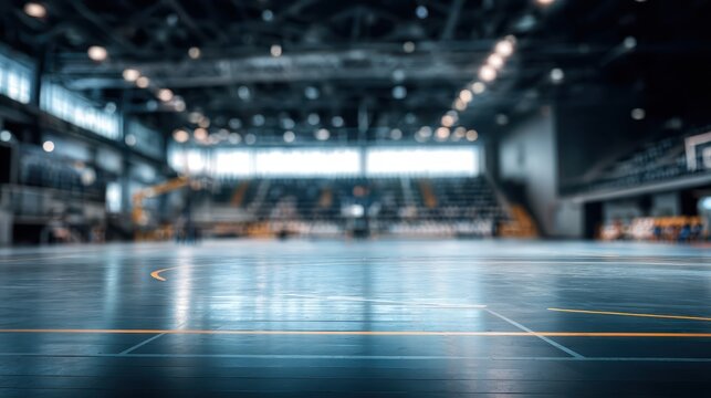 Basketball court interior showing game preparations and empty stands during a quiet afternoon setting in a modern sports facility