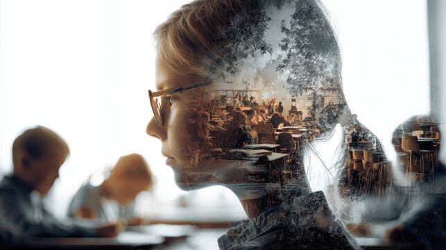 Girl's profile with double exposure of classroom and natural elements