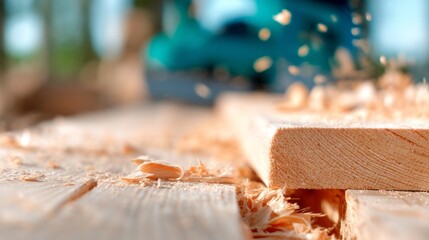 Close-up of fresh wooden board with flying sawdust in sunlight. Carpentry work process, woodworking detail, craftsmanship concept