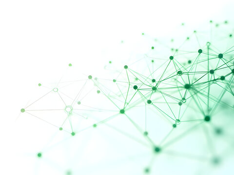 Stunning white background featuring ultra-realistic emerald green network dots linked by flowing geometric plexus lines creating abstract data visualization mesh patterns - Powered by Adobe