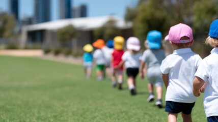 Obraz premium Group of preschool children walking in a line outdoors wearing colorful hats. Early childhood education and teamwork concept