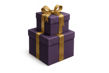 Stacked purple gift boxes creating excitement and celebration with golden ribbons and bows for special occasions