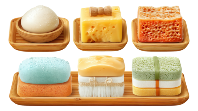 Assorted Soaps on Bamboo Tray with Colorful Designs and Varied Shapes