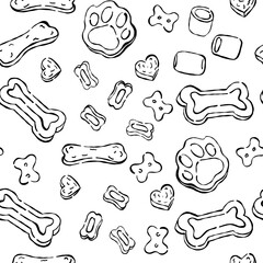 Dog food. Seamless pattern with pet snacks. Black and white print for pet themed designs, textiles and packaging. Pet store.