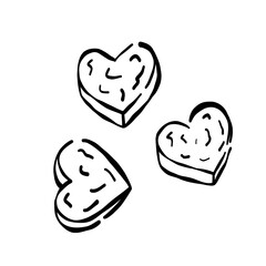Heart shaped set pet snacks. Line art illustration food for dogs or cats. Healthy snack for pets. Animals love.