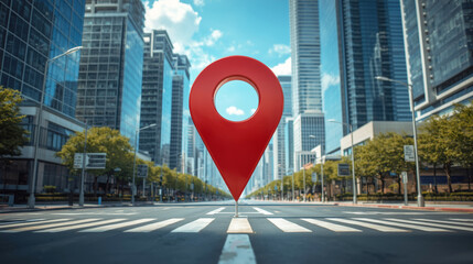 City Crossroad with a Giant Red Location Pin in the center. Location concept.