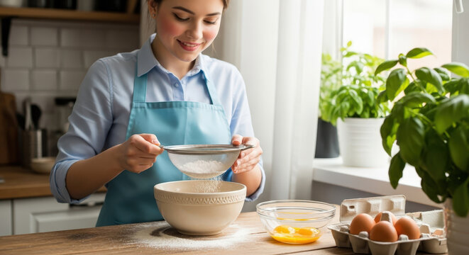 Young woman sifting flour with a sieve into a bowl for baking in a bright home kitchen