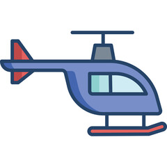 A stylized blue helicopter with red accents is depicted in a flat icon design with a transparent background and a white border emphasizing its clean lines and simple illustration style.