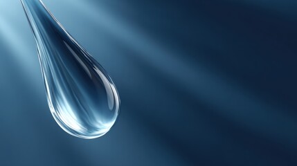 A close-up of a single water droplet suspended in a serene, dark blue background, showcasing its clarity and reflective properties.