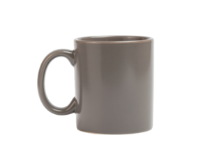 A plain grey ceramic mug with a handle sits isolated against a stark black background with soft studio lighting highlighting its speckled texture and simple cylindrical form.