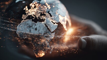 Hand holding glowing digital earth with global network connections.