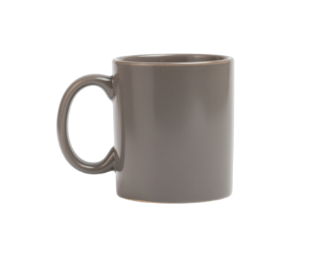 A plain grey ceramic mug with a handle sits isolated against a stark black background with soft studio lighting highlighting its speckled texture and simple cylindrical form.