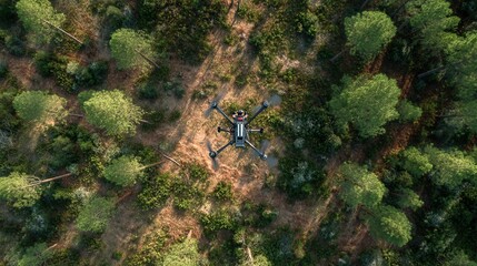 Professional aerial view of a drone flying above a wild forest landscape.
