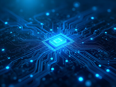 Ultra-realistic blue quantum circuit board with flowing energy waves and glowing microchips in futuristic design