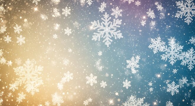 Magical winter snowflakes falling with golden and blue bokeh lights