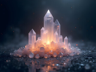 Ultra-realistic geometric crystal formations growing from tariff foundation bases with economic growth light refracting through facets on dark gradient mystical environment