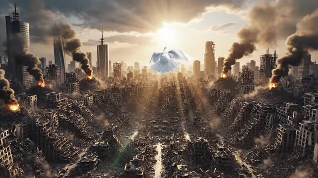 White dove soaring above destroyed city after disaster against dramatic sky