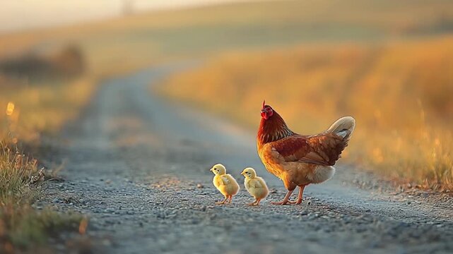 A mother hen leads her three fluffy chicks along a country lane at sunrise.