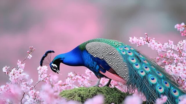 A vibrant peacock stands amidst a profusion of delicate pink cherry blossoms.