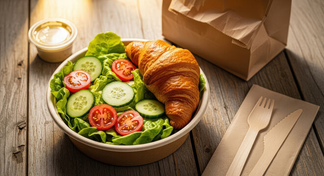 Fresh green salad with crispy croissant, dressing, and take-out bag on rustic wooden table in bright sunlight