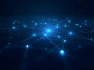 Ultra-realistic plexus network with glowing blue nodes connected by luminous lines, floating particles, dark background, professional presentation template design