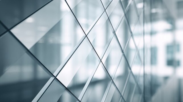 Modern Abstract Geometric Glass Facade with Reflective Surfaces and Soft Lighting - Powered by Adobe
